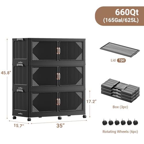 V60 660QT Plastic Stackable Storage Bins with Lid (Black / 220QT-3Pack)