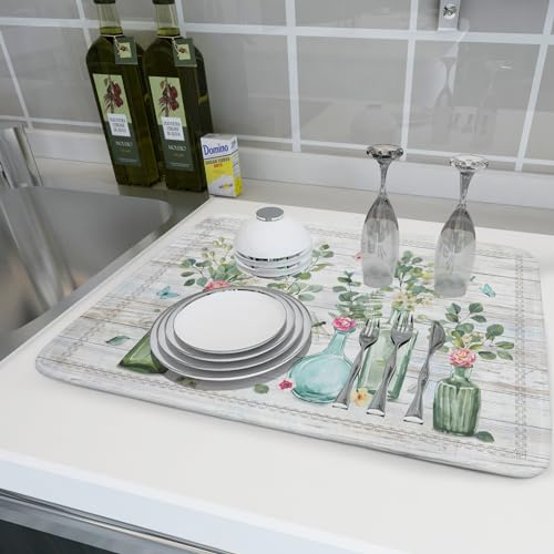 Fern Leaf Vase Dish Drying Mat 18x24 Inch Eucalyptus Leaves Microfiber Absorbent Dish Drainer Mat Reversible Drying Pad for Kitchen Counter Sink (Fern Leaf Vase / 18" x 24")