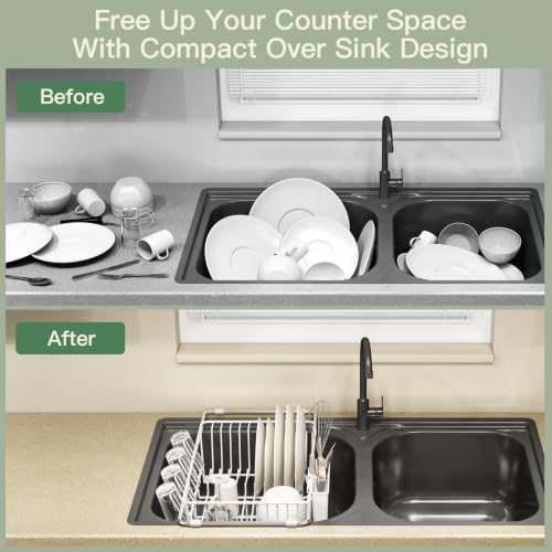 White Expandable Dish Drying Rack Over Sink with Extra Drainboard (White / For 11.5"-16" W Sink with Cup Holder & Drainboard)