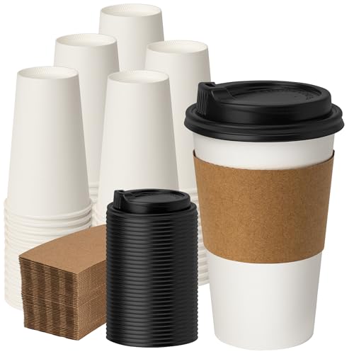 100 Pack 16 oz Disposable Coffee Cups with Lids and Sleeves (White / 16 oz)