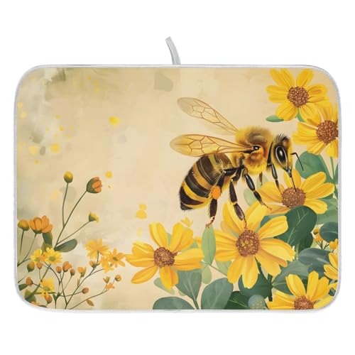 Honey Bee Dish Drying Mat for Kitchen Counter Absorbent Microfiber Small Drying Pad Dish Yellow Flowers Leaves Mats for Kitchen Countertops 16 x 18 Inch (18" x 16")