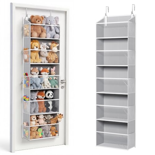 Stuffed Animal Organizer Over the Door (Clear Window Grey / 1 Pack-5 Tier)