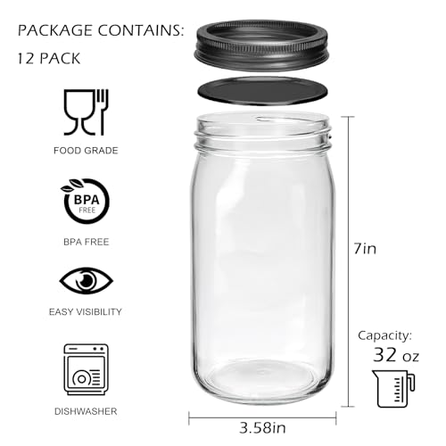 32oz Wide Mouth Mason Jars 12 Packs with Lids (32oz - Split Black Lid)