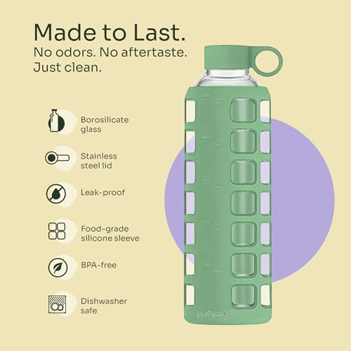 40oz / 32oz / 22oz / 12oz Borosilicate Glass Water Bottle with Time & Volume Markers, Silicone Sleeve, Stainless Steel Lid | Reusable Glass Bottle for Water & Juice (32oz Shale Green) (Shale Green (1 Count) / 32 Ounces)