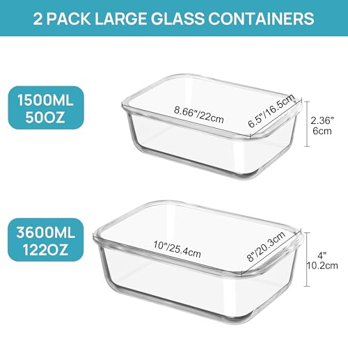 Large Glass Food Storage Containers with Lids (2pack 122oz+50oz)