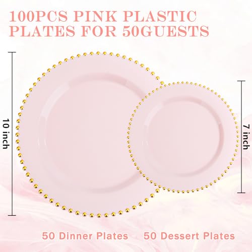 100pcs Pink Plastic Plates with Gold Beads Plastic Wedding Plates (100 Count)