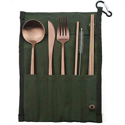 Portable 6 Pieces Flatware Set (Green Pouch / Rose Gold)