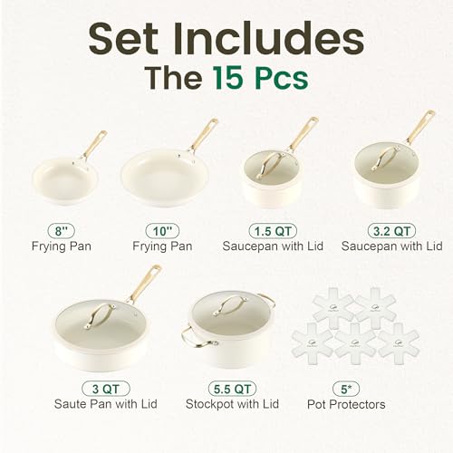 Ceramic Cookware Sets (Cream White / 15Pcs Set)