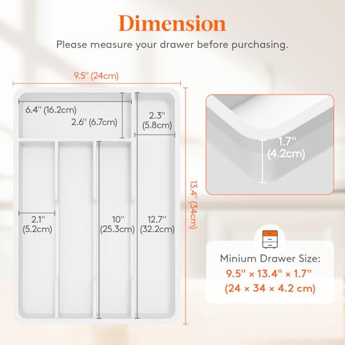 Silverware Drawer Organizer Tray (White / 9.5 x 13.4 inch (5 Slots))