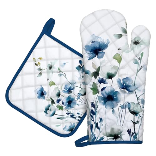 Blue Watercolor Flower Oven Mitts and Pot Holder Set (Blue Watercolor Flower / Oven Mitt x1 & Pot Holder x1)