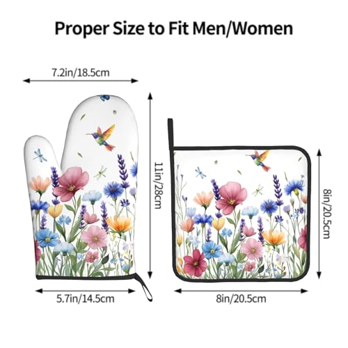 Spring Floral Oven Mitts and Pot Holder 2Pcs Hummingbird Flower Heat Resistant Kitchen Glove Washable Potholder for Baking Cooking Grilling (Hummingbird Flower)