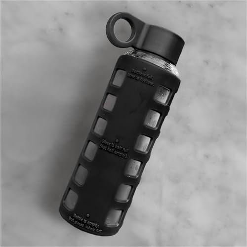40oz / 32oz / 22oz / 12oz Borosilicate Glass Water Bottle with Time & Volume Markers, Silicone Sleeve, Stainless Steel Lid | Reusable Glass Bottle for Water & Juice (12oz Jet Black) (Jet Black (1 Count) / 12 Ounces)
