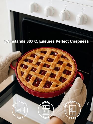 10×2in Deep Ceramic Pie Pan with Handles for Pie Quiche Tart Baking. Easy to grip (Red / 10IN*2IN)