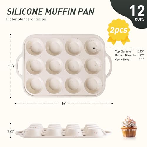 2 Packs 12 Cups Silicone Muffin Pan with Metal Reinforced Frame Regular Size Cupcake Pan Tray Egg Bites Oven Safe Silicone Molds Cookie Muffin Pan Tin Best Baking Sheets Non Toxic Clearance (2pc: 12-Cup Regular / Cream & Black)