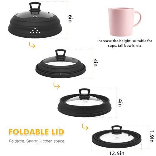 Tall Microwave Splatter Cover Glass Cover Guard Lid 7 inch Height with Collapsible Silicone for Food Pot Plate 12.5 inch Black (12.5 inch / Black (Taller style))