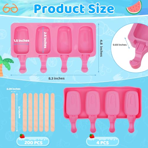 4 Set Silicone Popsicle Molds with 200 Sticks (4 Set / Pink)