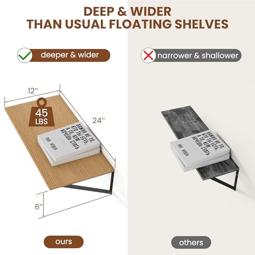 24W x 12D Deep Floating Shelves Set of 2 Oak (Oak With Black Metal Bracket / 24Wx12Dx5.8H)