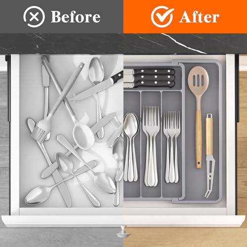 Expandable Silverware Drawer Organizer (Gray / Large (11-18''W x 14''D))