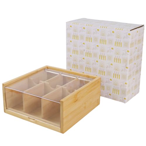 Bamboo Tea Bag Organizer Storage Box with 6 Compartments (Compact-Bamboo)