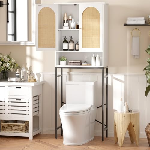 Rattan Over Toilet Storage Cabinet with Metal Stand (White)