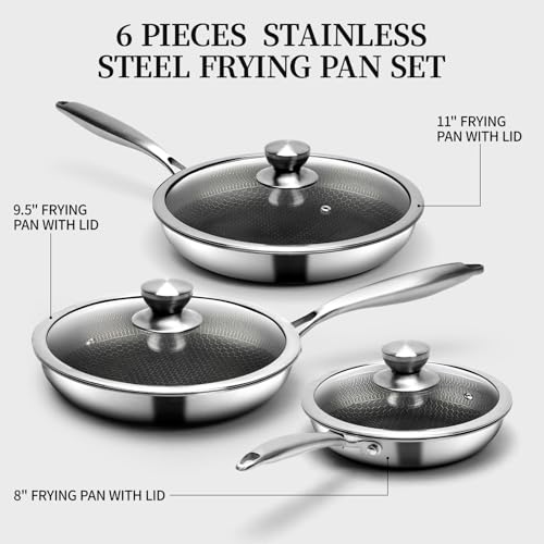 6 Pieces Stainless Steel Frying Pan Set with Lids (8+9.5+11 Inch)