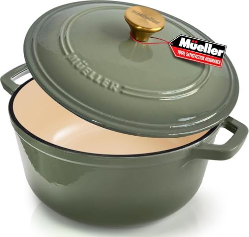 MUELLER HOME 4.5 Quart Enameled Cast Iron Dutch Oven For Sourdough Bread Baking (4.5 Quart -Round / Thyme Green)