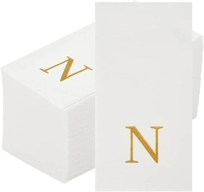 Luxenap 15.8 X 7.9 Inch Linen-Feel Guest Towels, 2000 Lettered Hand Towels - Gold Letter 'N', Sans Serif Font, White Paper Dinner Napkins, airlaid, For Restrooms And Tables
