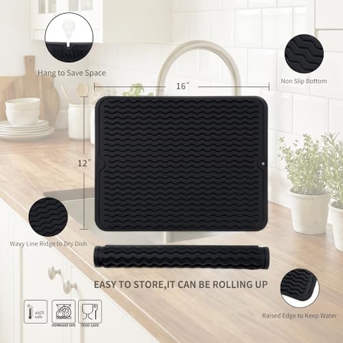 Silicone Dish Drying Mat (Black / 16"L x 12"W)