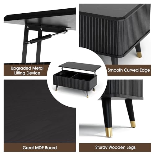 Black Lift Top Coffee Table with Storage for Living Room (Solid Black)