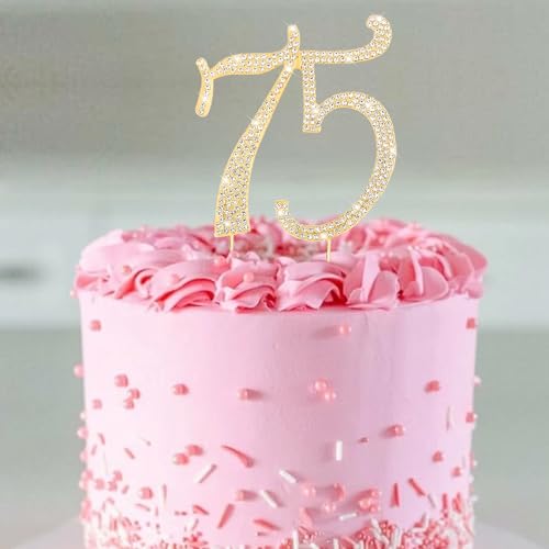 Gold 75th Birthday Cake Topper Rhinestones Cake Decorations for 75th Birthday Party (75th- Gold)