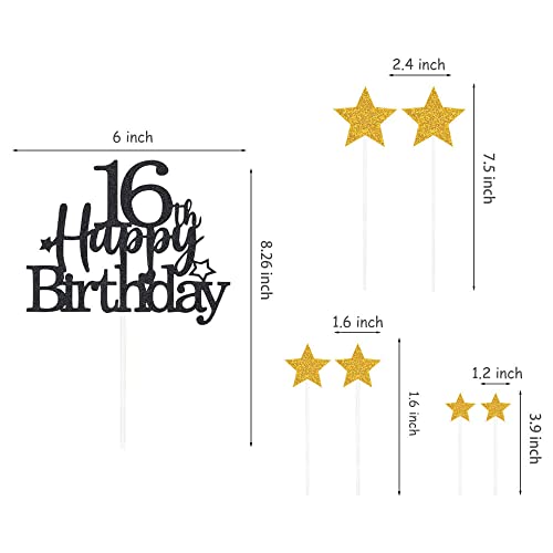 Black Gold 16th Birthday Cake Topper with Glittery Stars (7 Count)