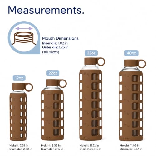 40oz / 32oz / 22oz / 12oz Borosilicate Glass Water Bottle with Time & Volume Markers, Silicone Sleeve, Stainless Steel Lid | Reusable Glass Bottle for Water & Juice (22oz Earth Brown) (Earth Brown / 22 Ounces)