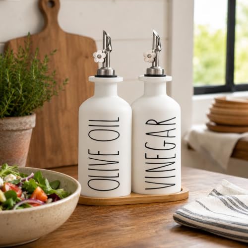 Premium Olive Oil Dispenser for Kitchen (White&Silver+Tray / 11.8 fl oz)