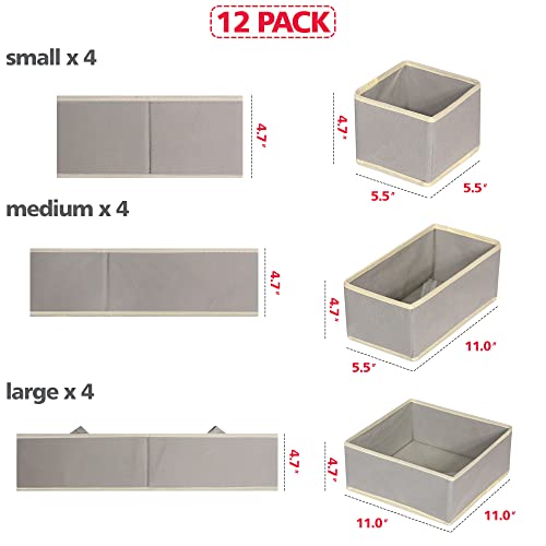 12 Pack Foldable Cloth Storage Box Closet Dresser Drawer Organizer Fabric Baskets Bins Containers Divider for Baby Clothes Underwear Bras Socks Lingerie Clothing (12 Count)