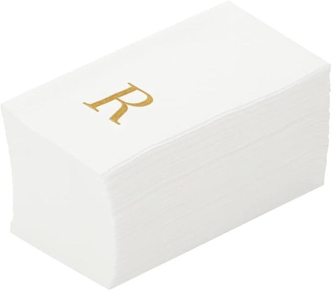 Luxenap 15.8 X 7.9 Inch Linen-Feel Guest Towels, 50 Lettered Hand Towels - Gold Letter 'R', Sans Serif Font, White Paper Dinner Napkins, airlaid, For Restrooms And Tables