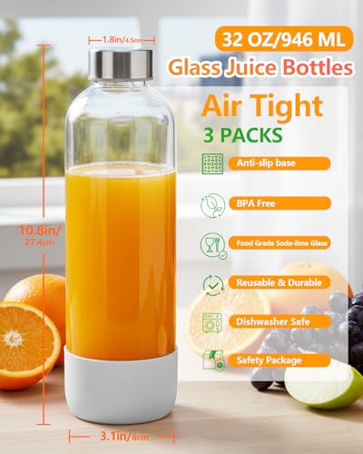 32oz Large Glass Juice Bottles With Stainless Steel Lids (Pink-Lilac-Blue)