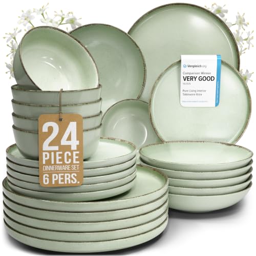 24 Piece Stoneware Dinnerware Set for 6 (Rustic / Green / Set for 6 (24pcs))