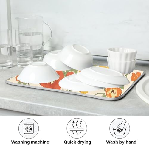 Retro Yellow Orange Flowers Dish Drying Mat for Kitchen Counter Absorbent Microfiber Drying Pad (16" x 18")