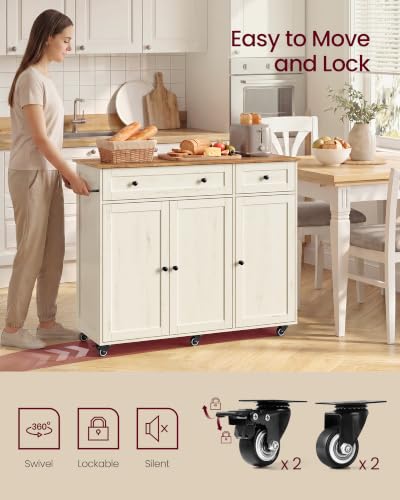 Mobile Kitchen Wooden Island Cart with Storage for Dining Room (Rustic White + Honey Brown / 15.8"D x 42.1"W x 35.1"H)