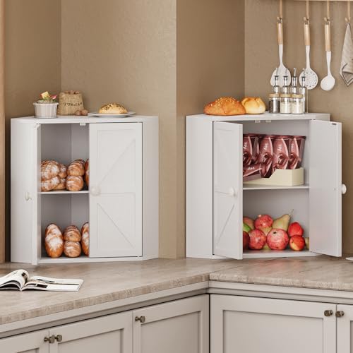 Corner Bread Box for Kitchen Counter Double Layer Bamboo Bread Storage Container Large Capacity Bread Storage Bin Farmhouse Breadbox Organizer (White)