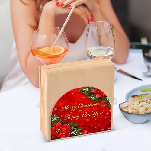 Christmas Fir Red Poinsettia Flowers Napkin Holder for Table Paper Napkins Holder Acrylic Tissue Dispenser Kitchen Dining Room Bathroom Party Car Decor (NH019 / 4.1x4.9x1.97in)
