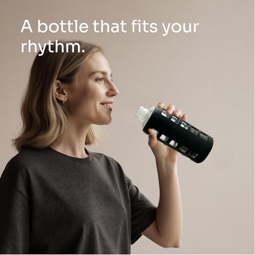 40oz / 32oz / 22oz / 12oz Borosilicate Glass Water Bottle with Time & Volume Markers, Silicone Sleeve, Stainless Steel Lid | Reusable Glass Bottle for Water & Juice (22oz Jet Black) (Jet Black (1 Count) / 22 Ounces)