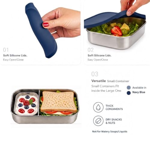 Flexibento Leak proof Stainless Steel Lunch Box Containers with Silicone Lids (ZA-Navy-47OZ-SetOf2)