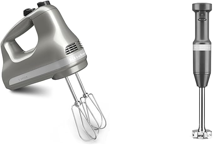 KitchenAid 5-Speed Ultra Power Hand Mixer - KHM512, Contour Silver & Variable Speed Corded Hand Blender KHBV53, Charcoal Grey