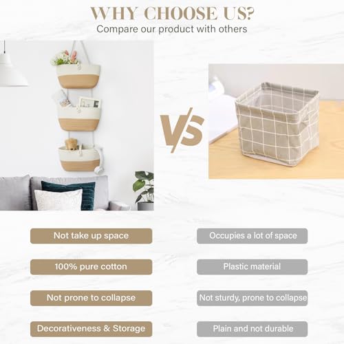 3 Tier Hanging Baskets for Storage with Pearl Button Strap (White&Jute / 3 tier+Pearl Button)