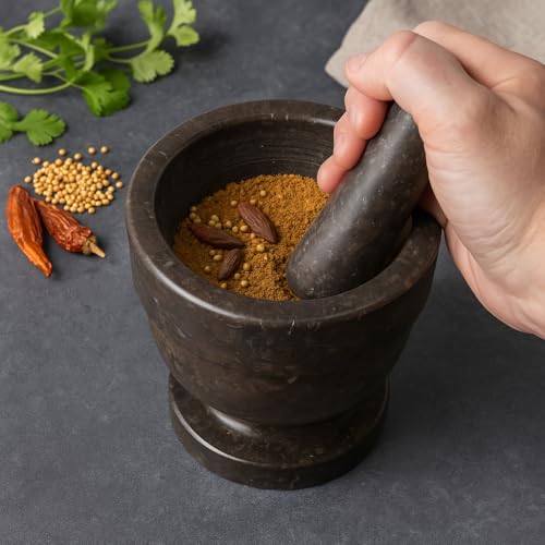 Natural Charcoal Marble Mortar & Pestle (Dark Gray / 5.9" Diam. x 5.75" H)