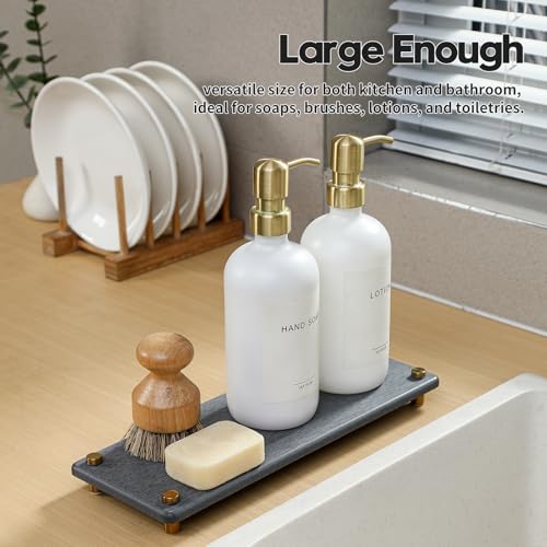 Kitchen Sink Caddy Water Absorbing Stone Drying Tray (12.5"x 4.5" - Dark Gray - Gold)