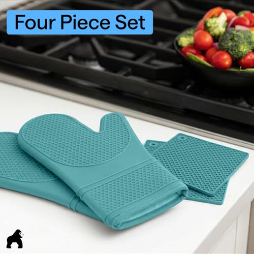 BPA Free Silicone Oven Mitts and Pot Holders Set (Turquoise / 12.5" Oven Mitts + 7" Trivets)