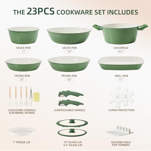 23pcs Ceramic Pots and Pans Set (Green 23 Pcs)