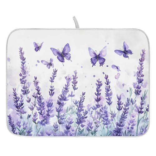 Purple Lavender Spring Summer Flower Floral Dish Drying Mat for Kitchen Counter Absorbent Microfiber Large Drying Pad Dish Mats for Kitchen Countertops 18 x 24 Inch (24" x 18")